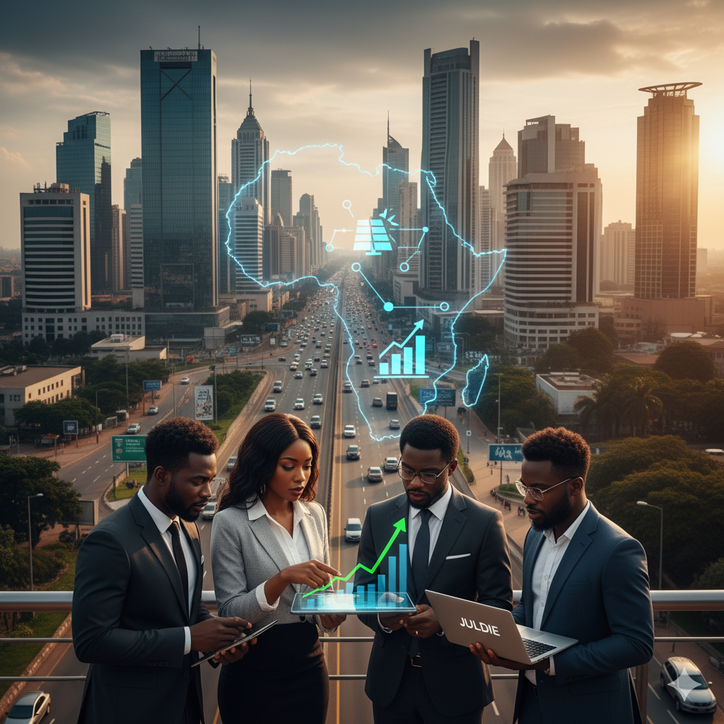 Entrepreneurs africains discutant d’opportunités business dans une ville moderne